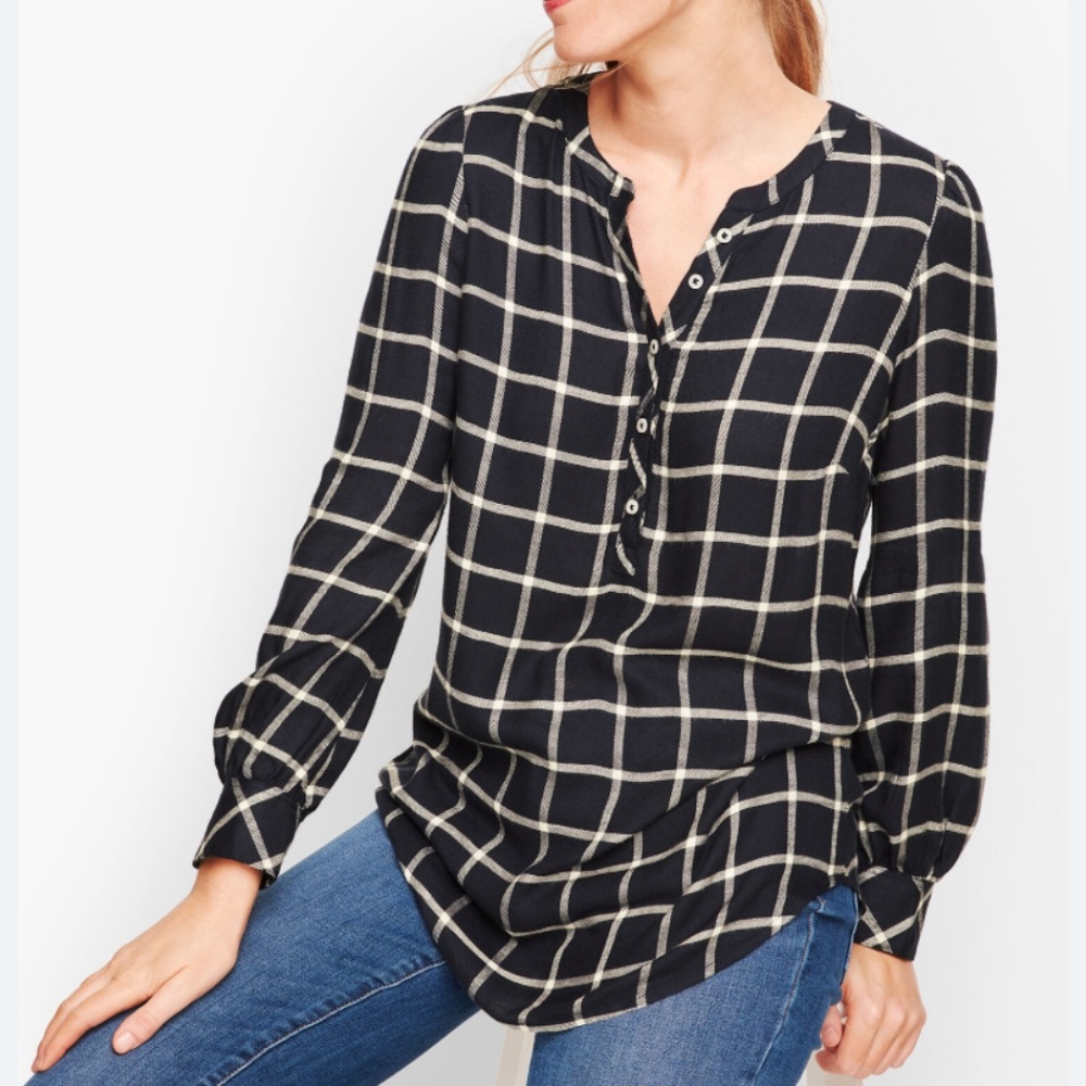 Talbots Black & Cream Windowpane Henley Blouse